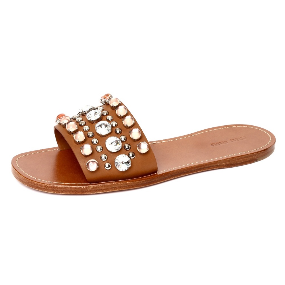 Miu Miu Neutral Leather Crystals Flat Sandal Slide